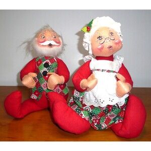 Annalee Mobilitee Dolls 1971 Christmas Mr & Mrs Santa Claus 18”Red Green Checker